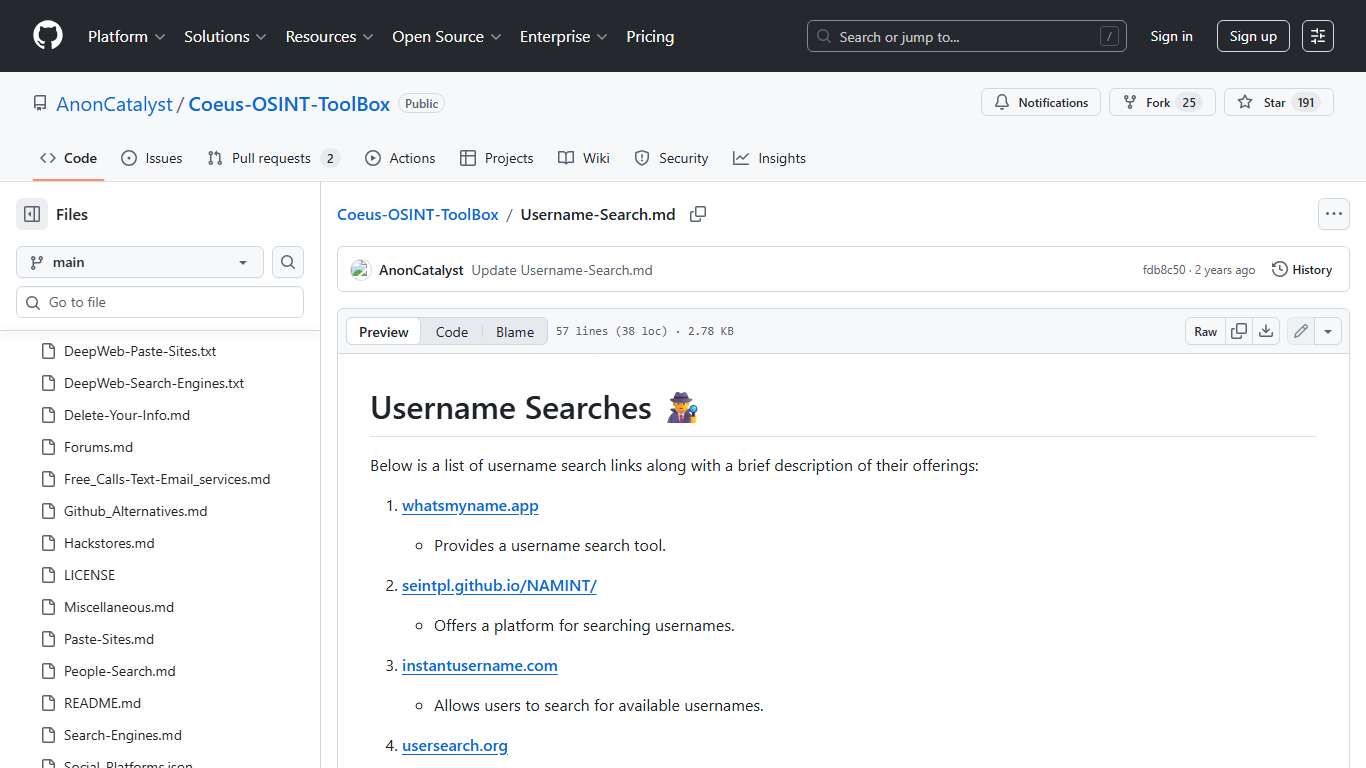 Coeus-OSINT-ToolBox/Username-Search.md at main · AnonCatalyst/Coeus-OSINT-ToolBox · GitHub